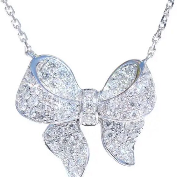 925 Sterling Silver Diamond  Bow Pendant Necklace New in Gift Box - Picture 1 of 7
